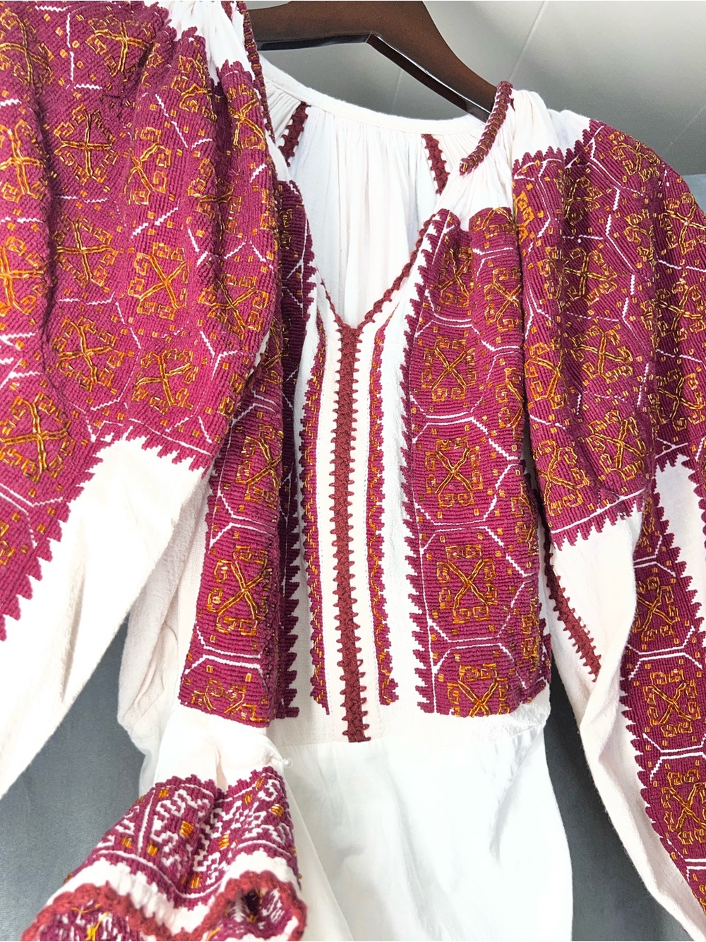 Ie Romanian cusutaTraditional Embroidered Long Sleeve Dress in Burgundy - Picture 5 of 7